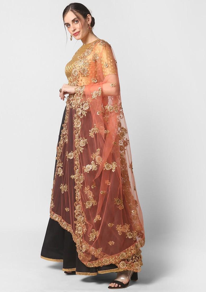 Peach Coloured And Gold Embroidered Dupatta With Cutwork Details