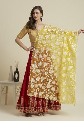Butterfly And Floral Embroidered Thread Work Organza Dupatta