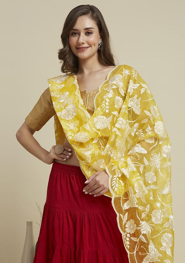 Butterfly And Floral Embroidered Thread Work Organza Dupatta