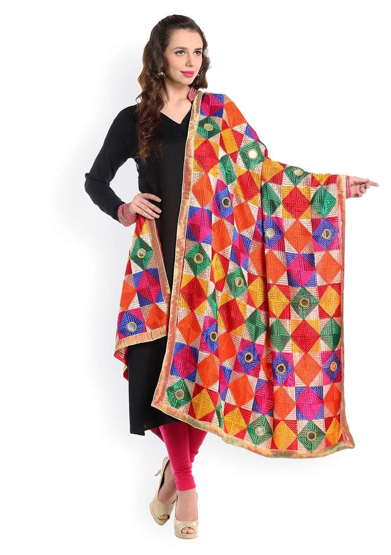 Multicoloured Phulkari Embroidered Dupatta