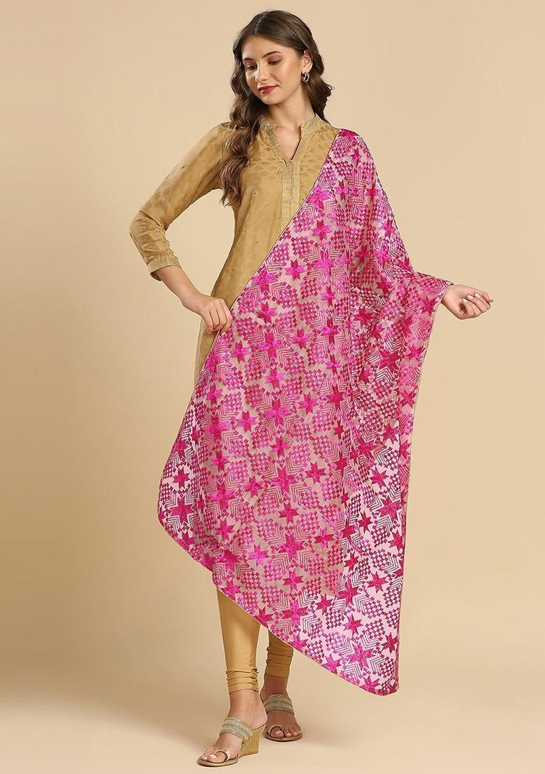 Geometric Embroidered Phulkari Organza Dupatta
