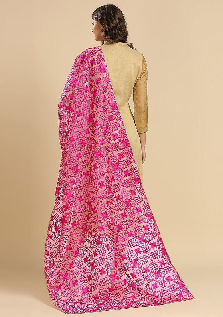 Geometric Embroidered Phulkari Organza Dupatta
