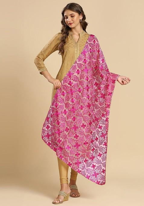 Geometric Embroidered Phulkari Organza Dupatta