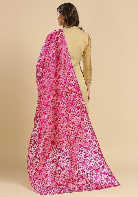 Geometric Embroidered Phulkari Organza Dupatta