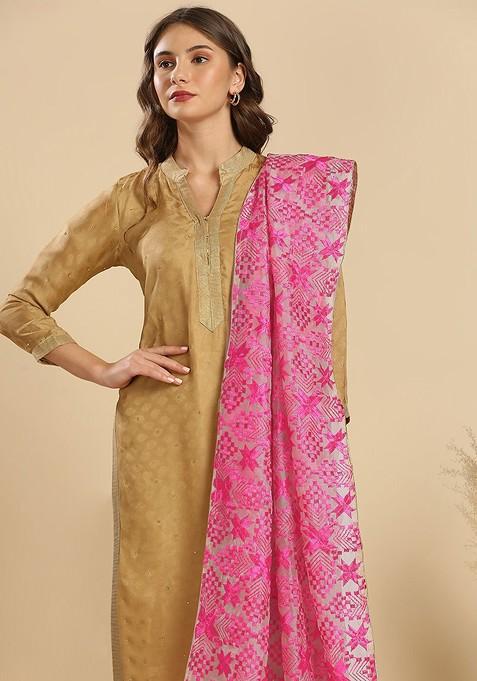 Geometric Embroidered Phulkari Organza Dupatta