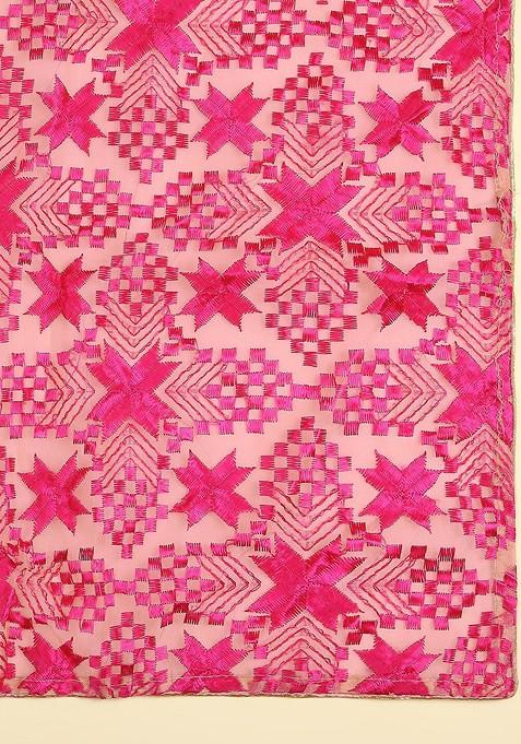 Geometric Embroidered Phulkari Organza Dupatta