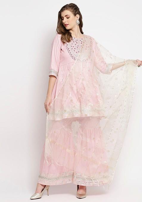 Off White Ethnic Motifs Woven Design Organza Dupatta With Zari