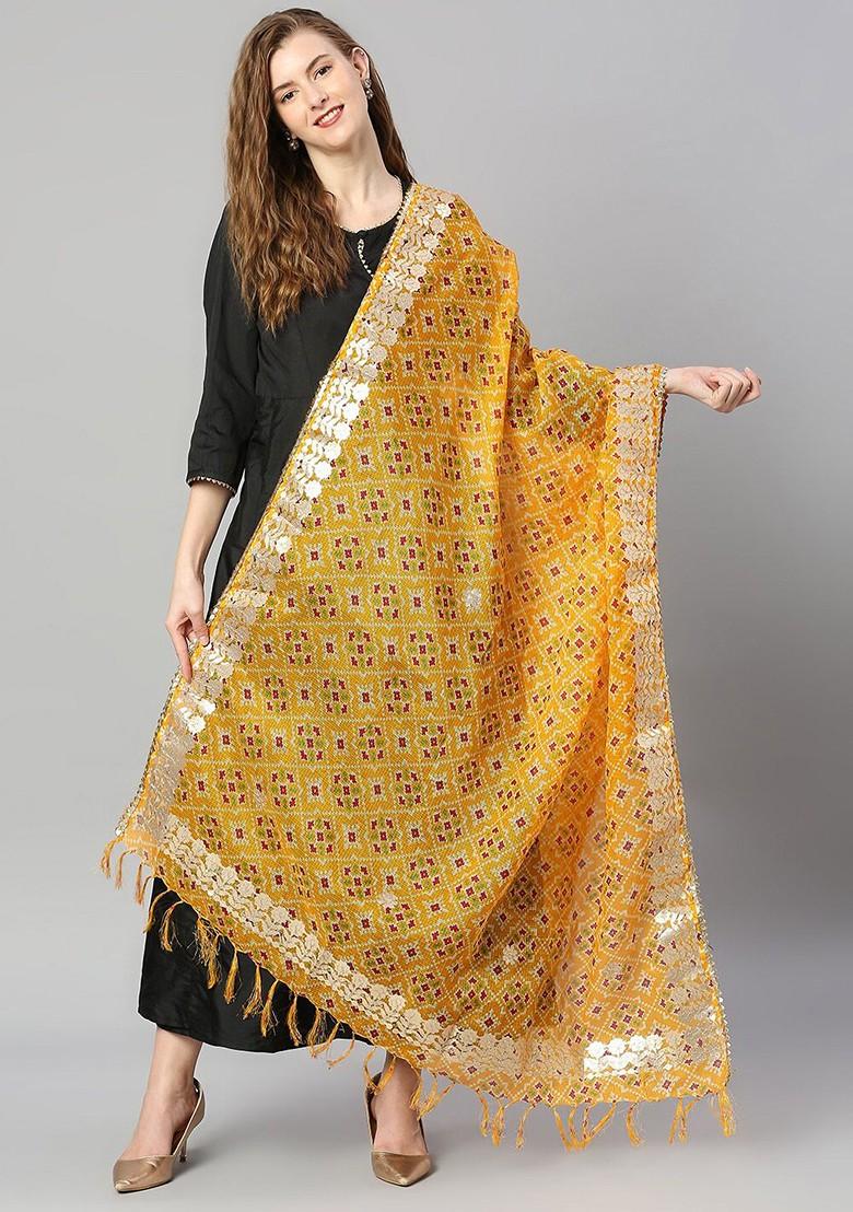 Yellow And Pink Ikat Printed Dupatta With Gotta Patti
