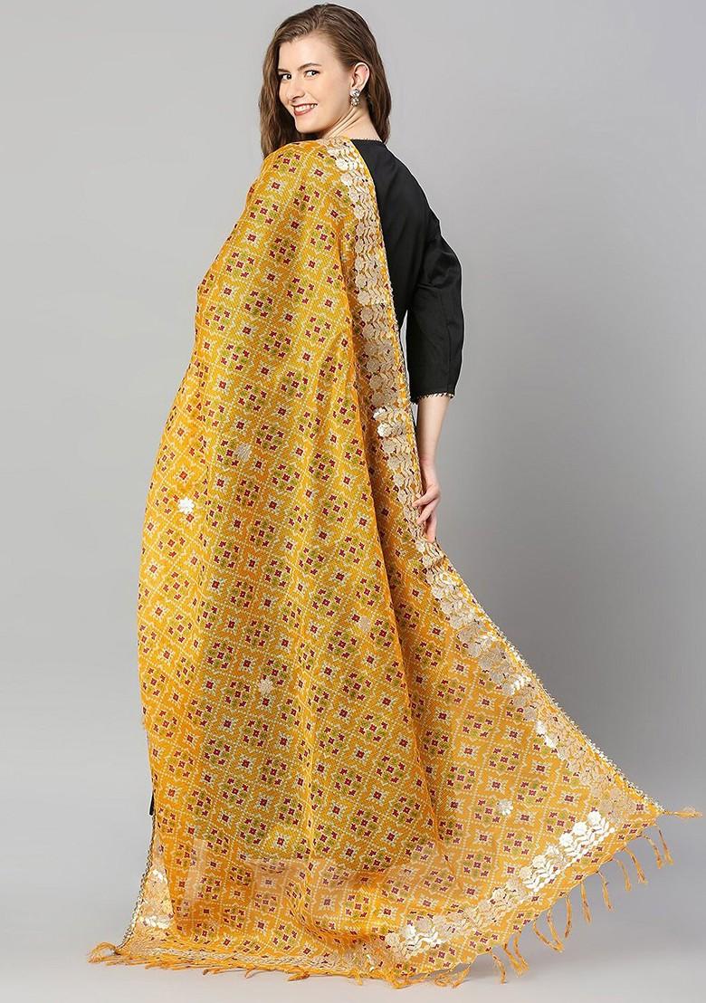 Yellow And Pink Ikat Printed Dupatta With Gotta Patti