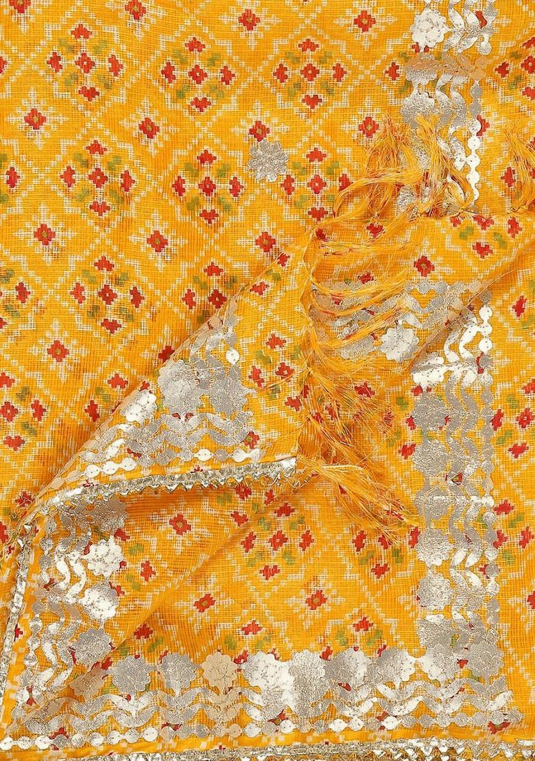 Yellow And Pink Ikat Printed Dupatta With Gotta Patti