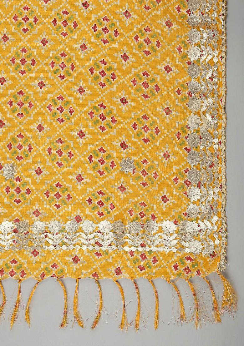 Yellow And Pink Ikat Printed Dupatta With Gotta Patti