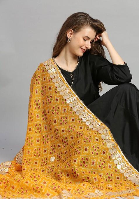 Yellow And Pink Ikat Printed Dupatta With Gotta Patti