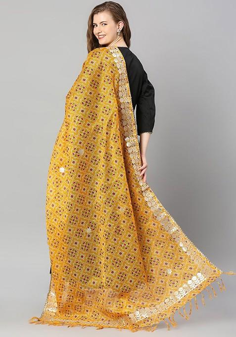 Yellow And Pink Ikat Printed Dupatta With Gotta Patti