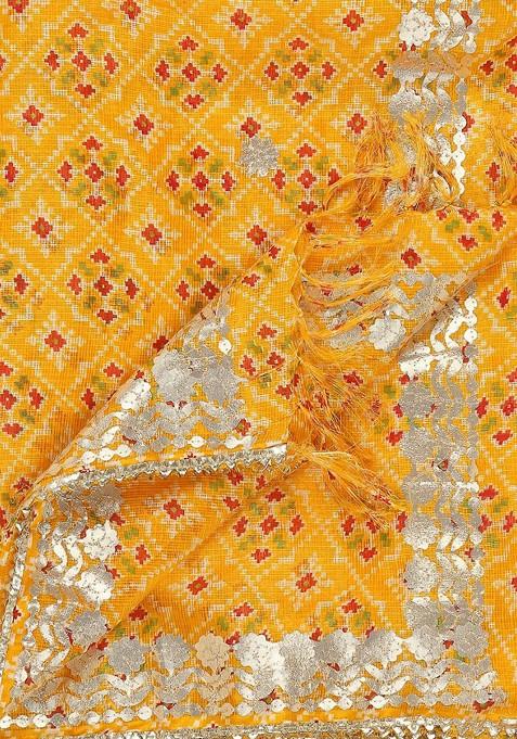 Yellow And Pink Ikat Printed Dupatta With Gotta Patti