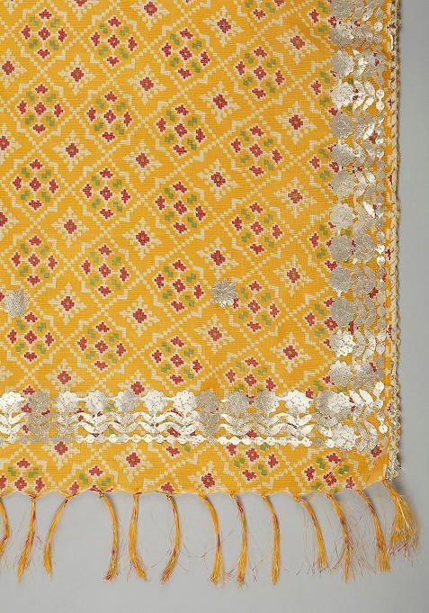 Yellow And Pink Ikat Printed Dupatta With Gotta Patti