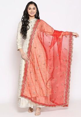 Red And Copper Toned Ethnic Motifs Embroidered Organza Dupatta With Sequinned