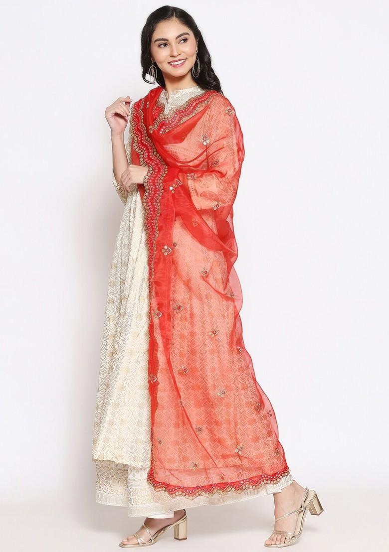 Red And Copper Toned Ethnic Motifs Embroidered Organza Dupatta With Sequinned