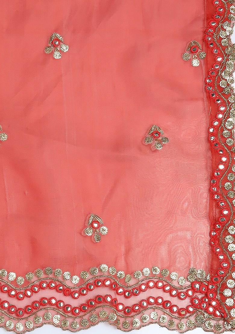 Red And Copper Toned Ethnic Motifs Embroidered Organza Dupatta With Sequinned