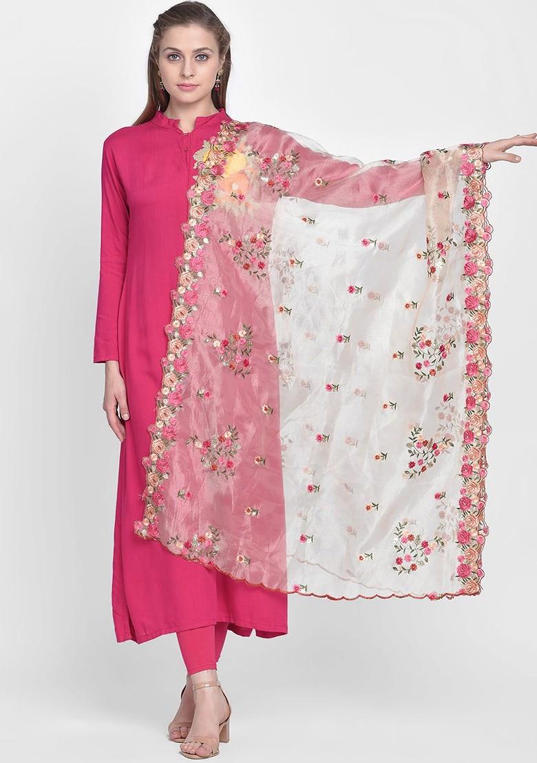 Gold Coloured And Pink Embroidered Organza Dupatta