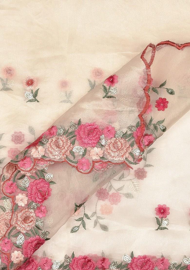 Gold Coloured And Pink Embroidered Organza Dupatta