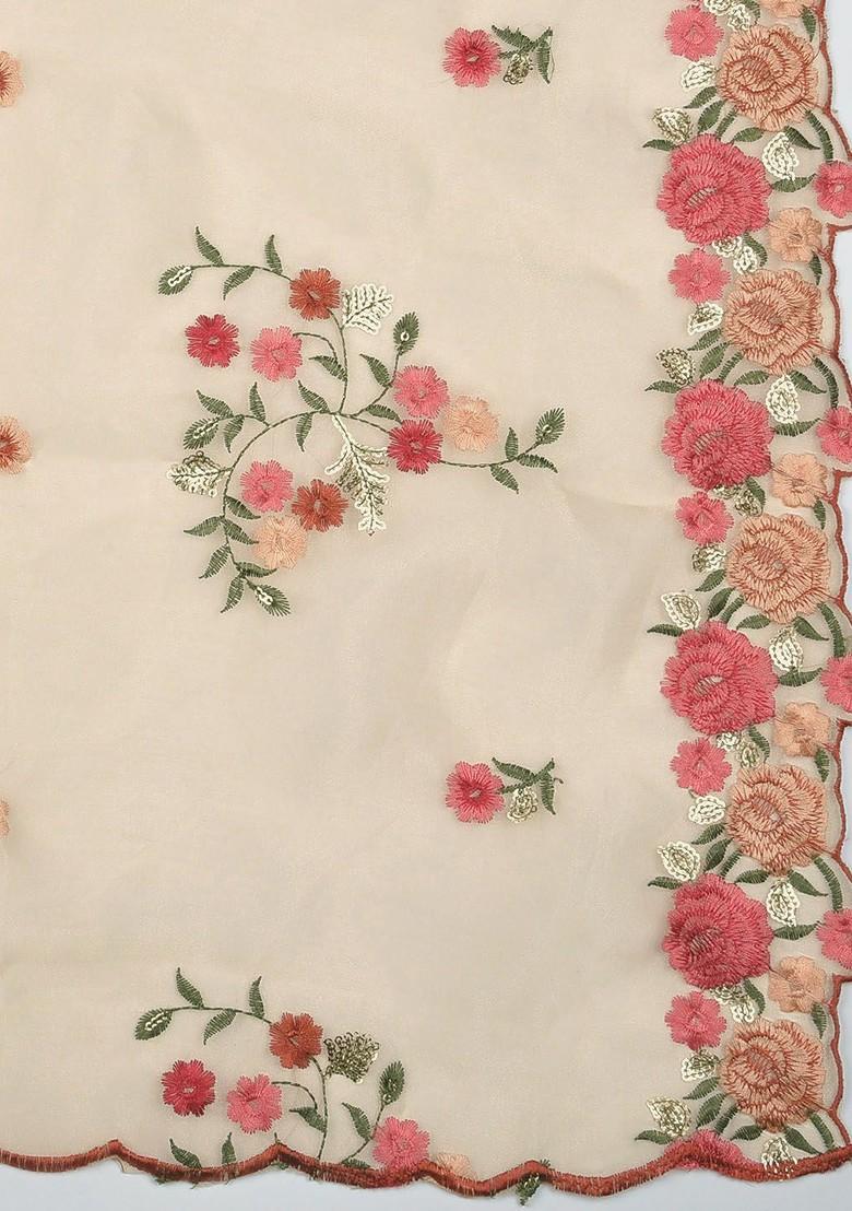 Gold Coloured And Pink Embroidered Organza Dupatta