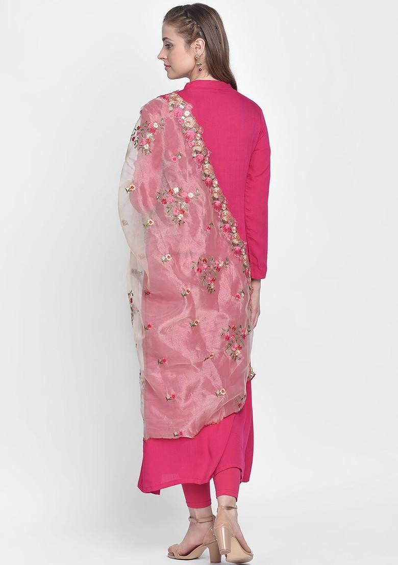 Gold Coloured And Pink Embroidered Organza Dupatta