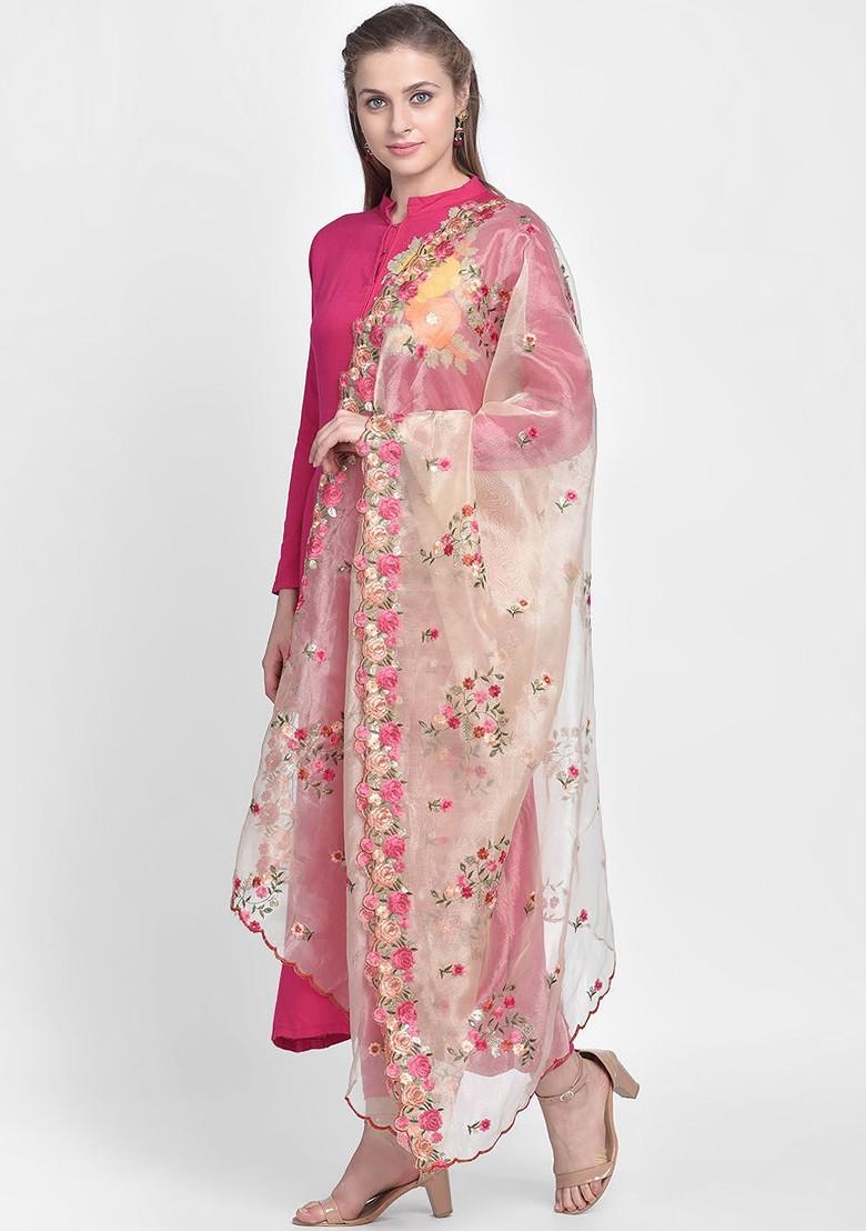 Gold Coloured And Pink Embroidered Organza Dupatta