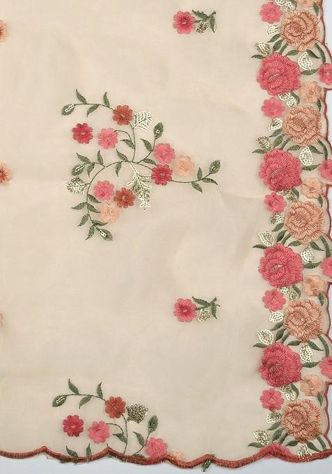 Gold Coloured And Pink Embroidered Organza Dupatta