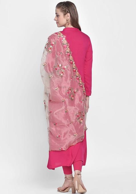 Gold Coloured And Pink Embroidered Organza Dupatta