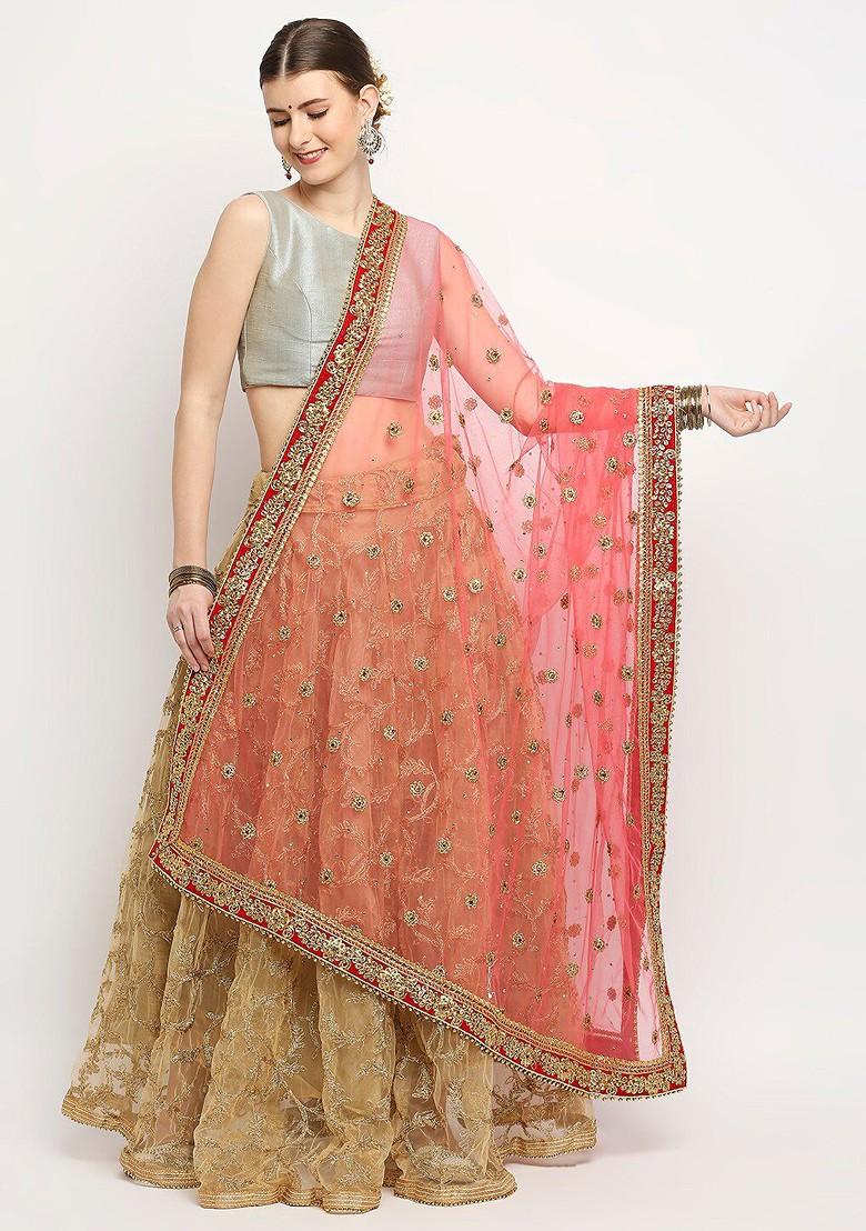 Coral And Red Ethnic Motifs Embroidered Dupatta With Zardozi