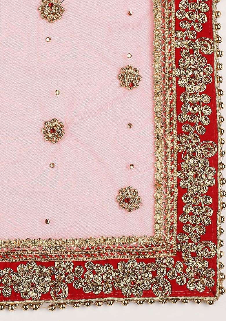 Coral And Red Ethnic Motifs Embroidered Dupatta With Zardozi - Indya