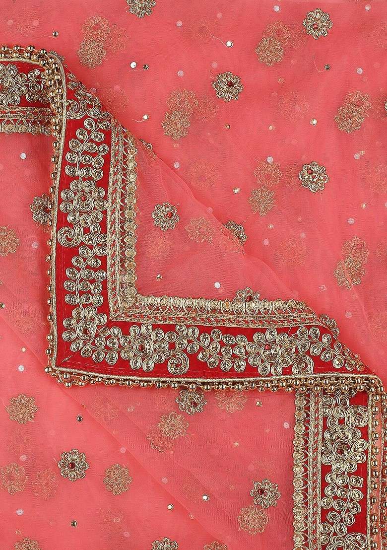 Coral And Red Ethnic Motifs Embroidered Dupatta With Zardozi - Indya