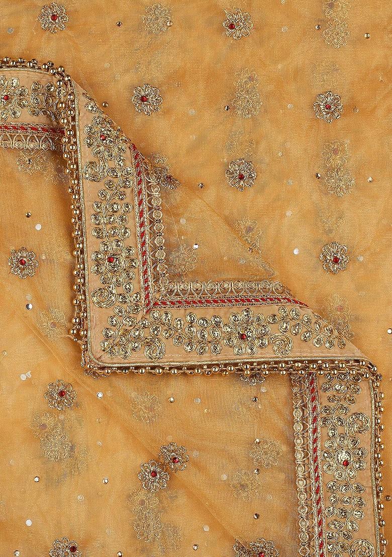 Gold Toned Ethnic Motifs Embroidered Dupatta With Zardozi