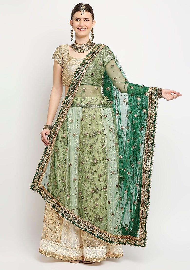 Green And Gold Toned Ethnic Motifs Embroidered Dupatta With Thread Work