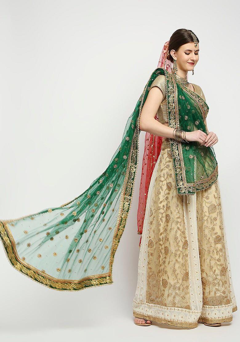 Green And Gold Toned Ethnic Motifs Embroidered Dupatta With Thread Work