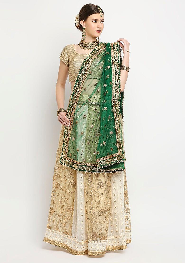 Green And Gold Toned Ethnic Motifs Embroidered Dupatta With Thread Work