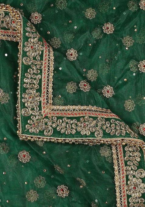 Green And Gold Toned Ethnic Motifs Embroidered Dupatta With Thread Work