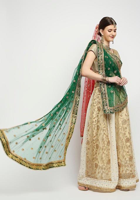 Green And Gold Toned Ethnic Motifs Embroidered Dupatta With Thread Work