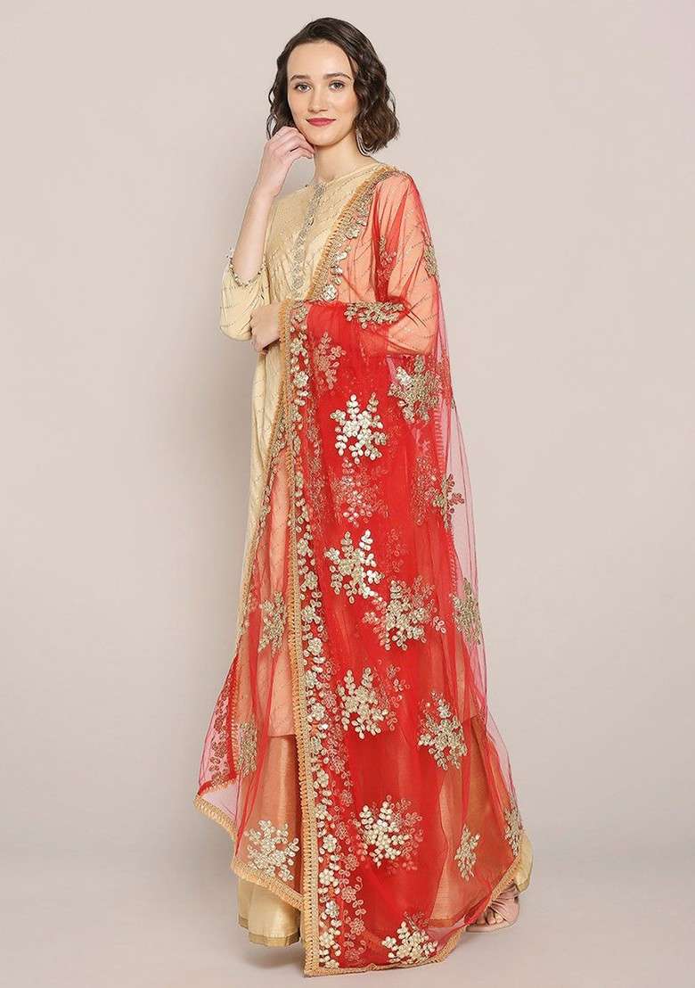 Embroidered Net Dupatta With Gotta Patti - Indya