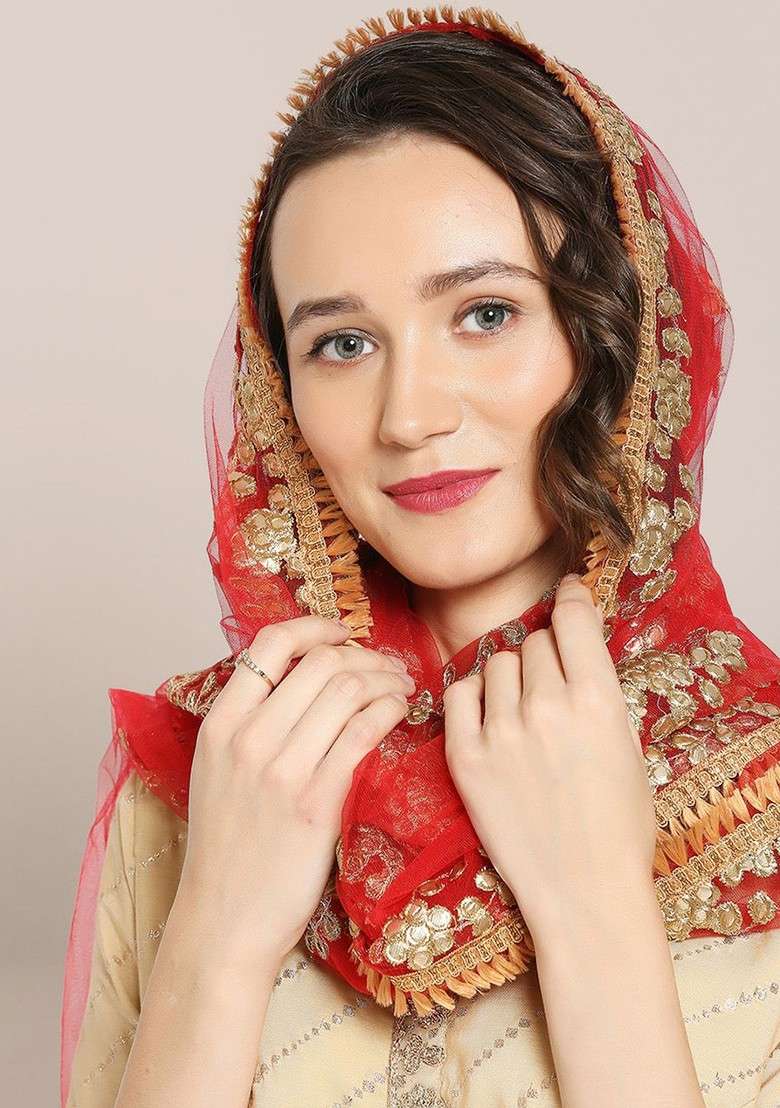 Embroidered Net Dupatta With Gotta Patti - Indya