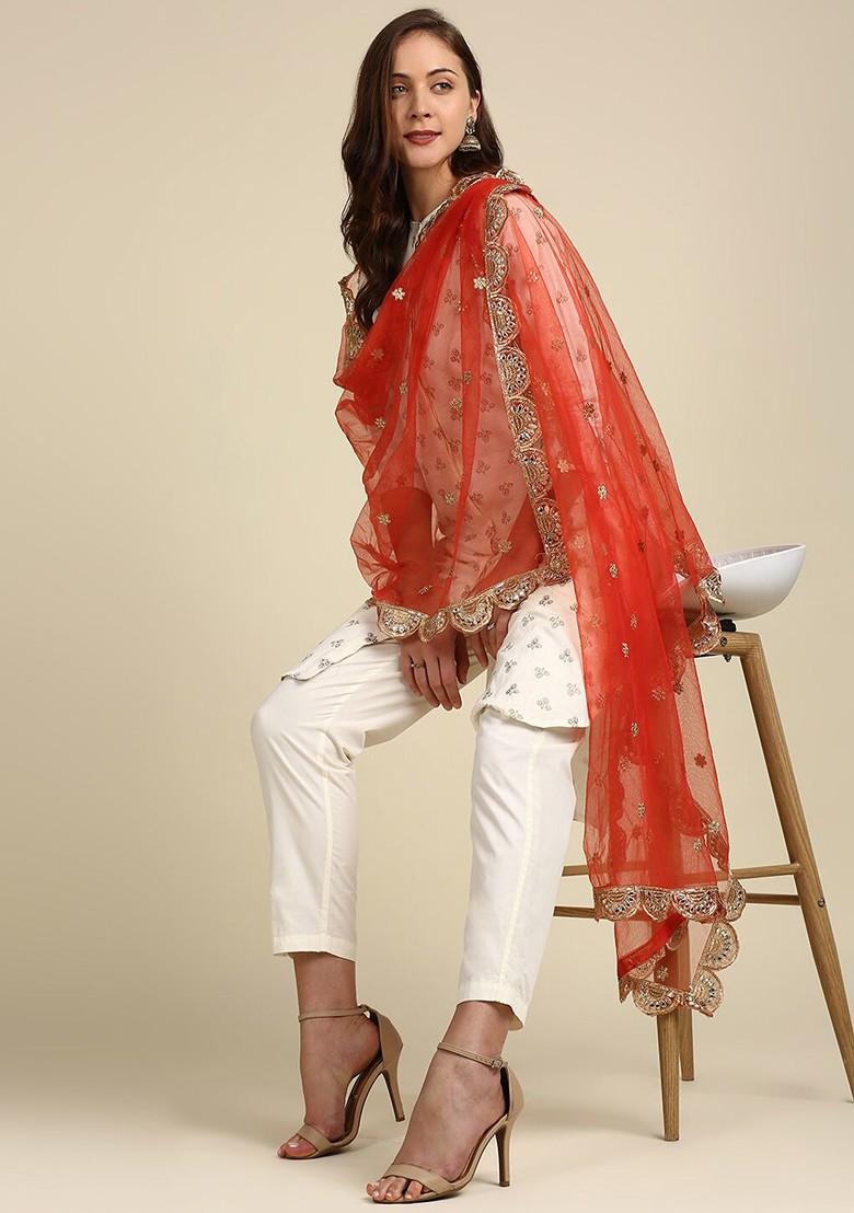 Red And Gold Toned Ethnic Motifs Embroidered Dupatta
