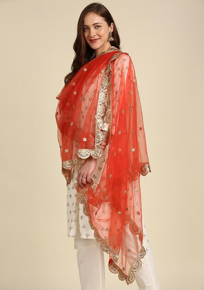 Red And Gold Toned Ethnic Motifs Embroidered Dupatta