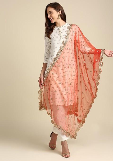 Red And Gold Toned Ethnic Motifs Embroidered Dupatta