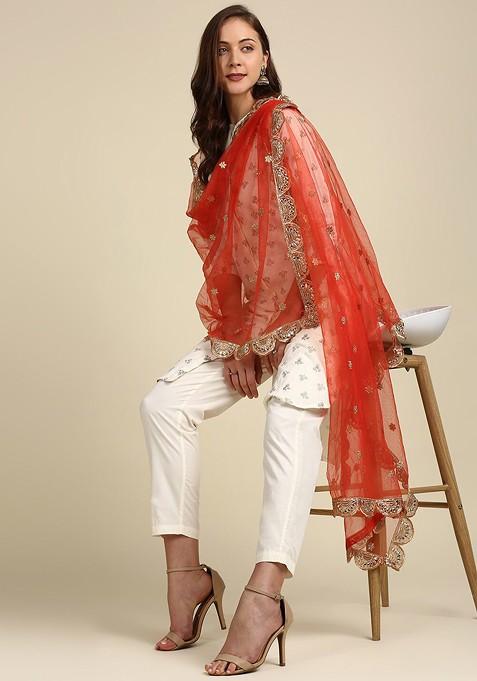 Red And Gold Toned Ethnic Motifs Embroidered Dupatta