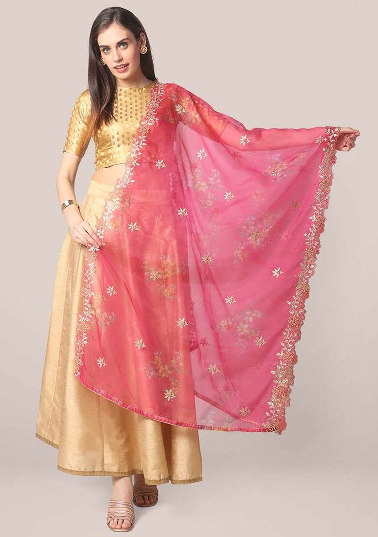 Embroidered Organza Dupatta With Zardozi - Indya