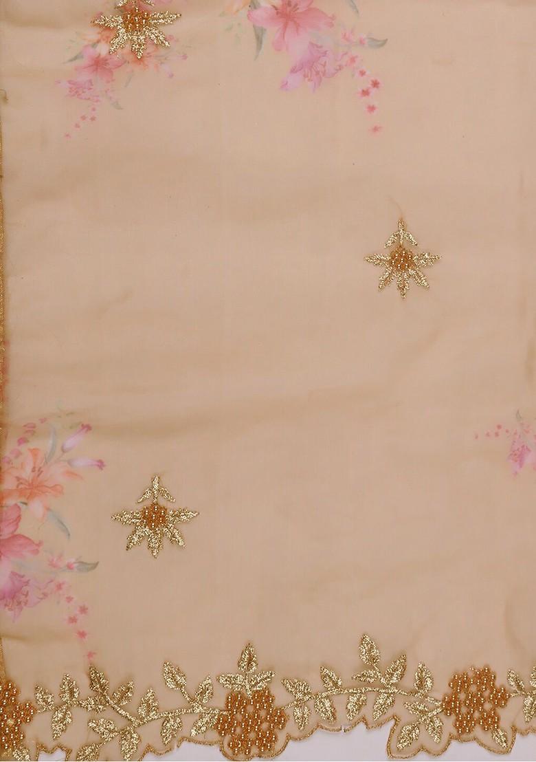 Women Beige And Gold Embroidered Organza Dupatta With Zardozi