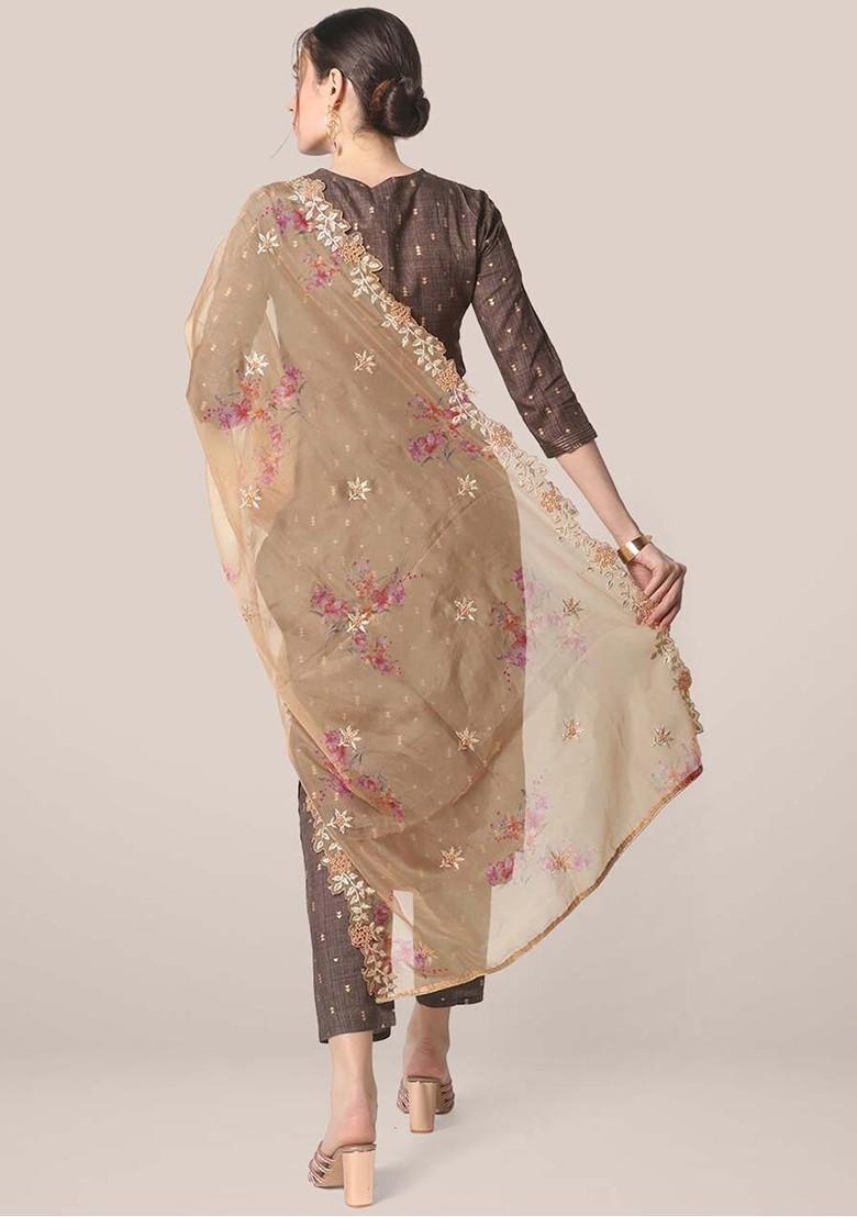 Women Beige And Gold Embroidered Organza Dupatta With Zardozi
