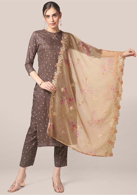 Women Beige And Gold Embroidered Organza Dupatta With Zardozi
