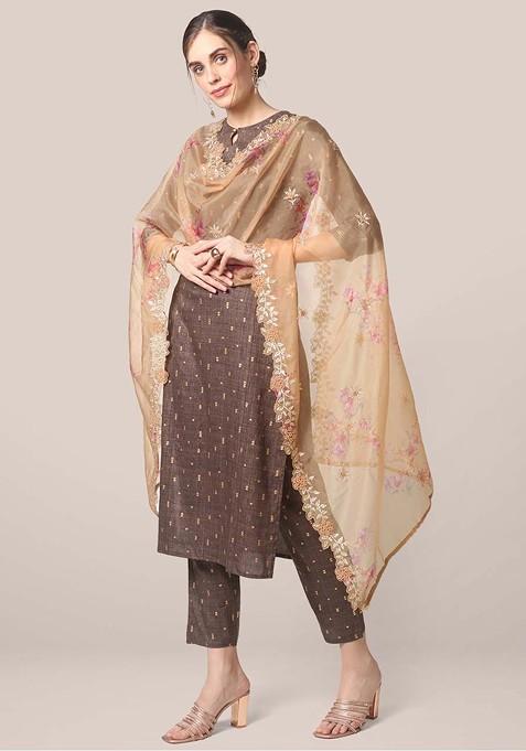 Women Beige And Gold Embroidered Organza Dupatta With Zardozi