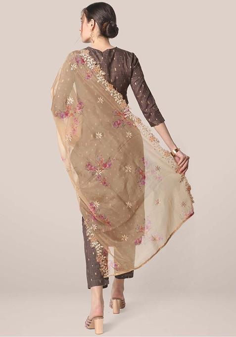 Women Beige And Gold Embroidered Organza Dupatta With Zardozi